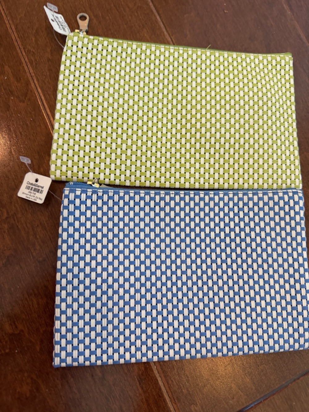 Crate&Barrel Lime Green and Blue Woven Zip Pouches